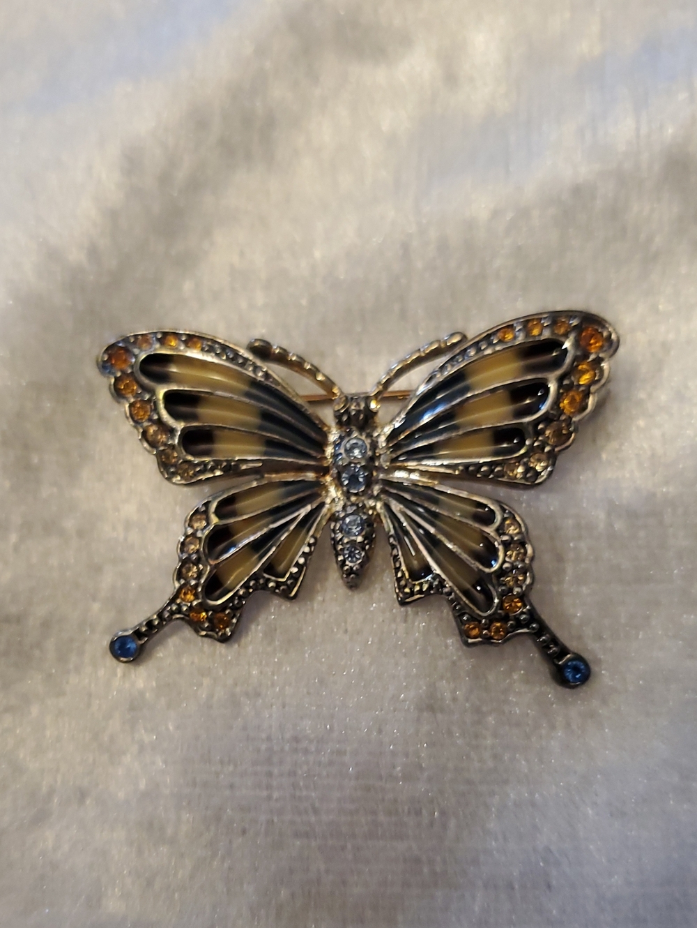 Vintage MONET Butterfly Brooch Silver Tone with Amber & Blue Rhinestone Accents